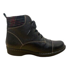 Clarks Women’s Black Leather Plaid Accents Lace-Up Ankle Boots Size 8.5 W